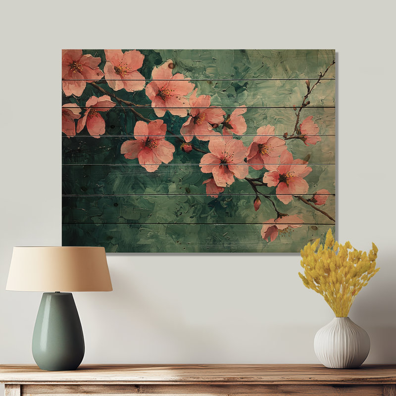 Fleurs de cerisier au réalisme vert printanier - impression sur bois de cerisier en fleurs - sur bois de pin naturel