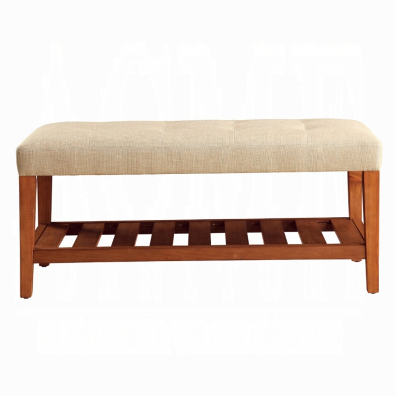 Warwickshire Wood Upholstered Storage Bench with Slatted Shelf, Beige, Walnut