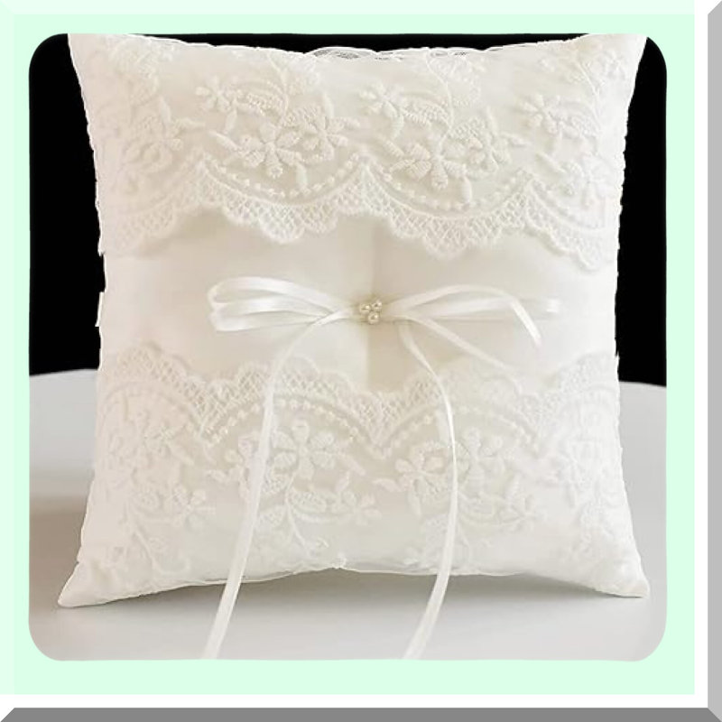 Elegant Ivory Wedding Ring Pillow with Ribbon and Rhinestones