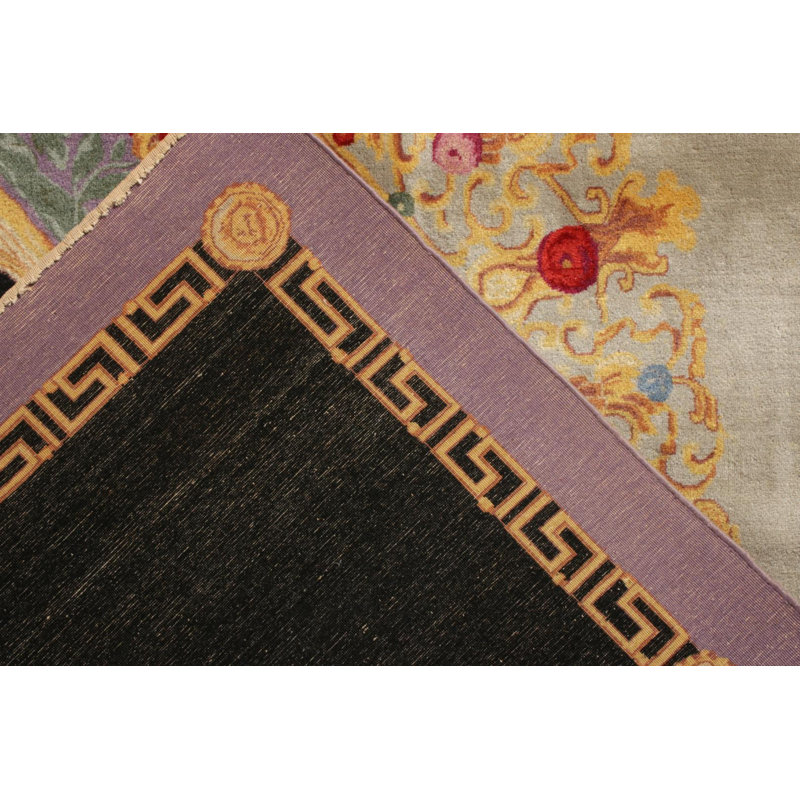 Wool Oriental Area Rug in Black, Gold, Green, Purple