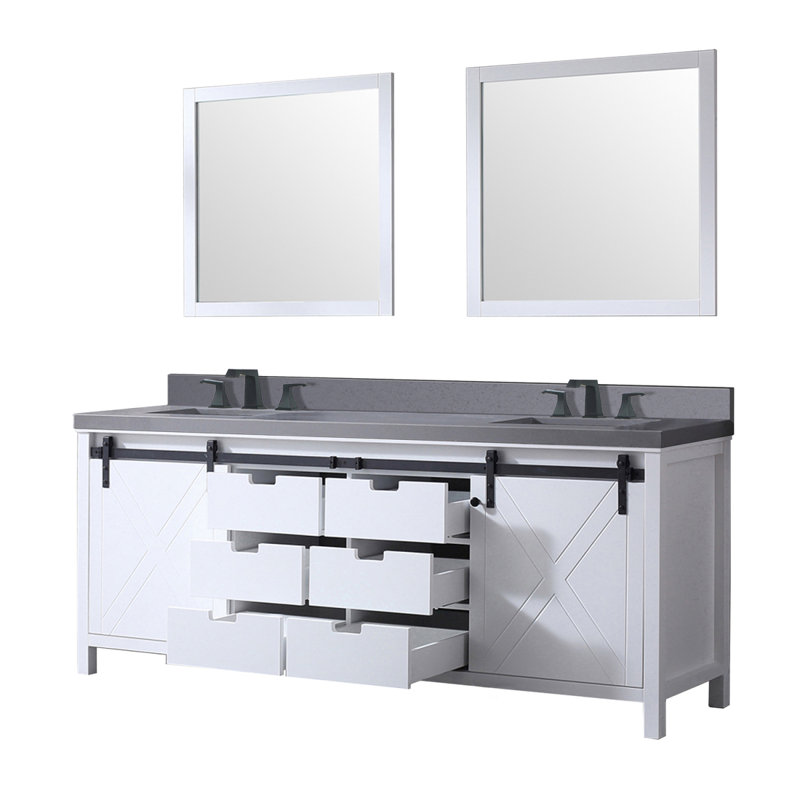 Meuble-lavabo double blanc l 84 po x P 22 po, comptoir en quartz gris, ensemble de robinets et miroirs 34 po