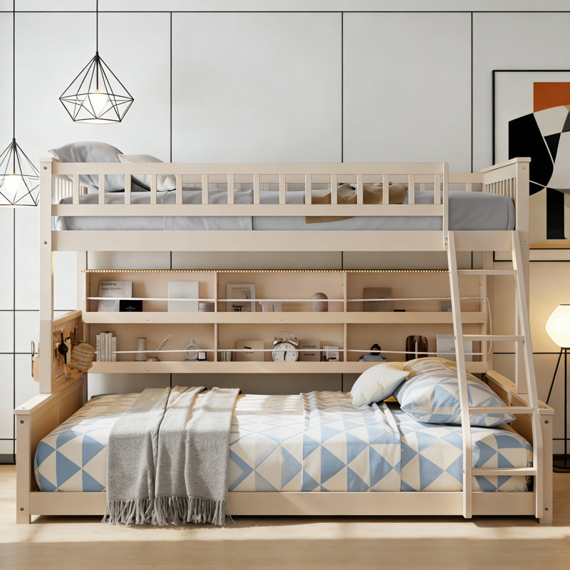 Lit simple superposé simple au-dessus de grand lit simple avec tablettes lumineuses intégrées et panneau perforé, Beige
