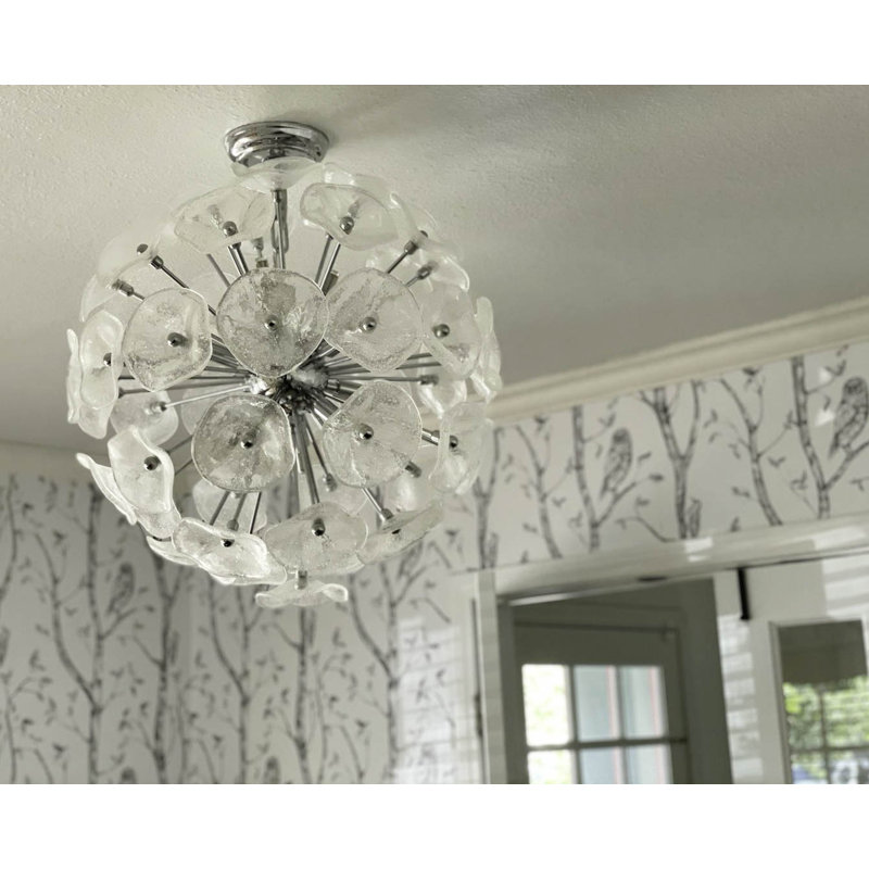 Lustre sphérique unique à 12 lumières Asherton, Murano transparent, Chrome poli