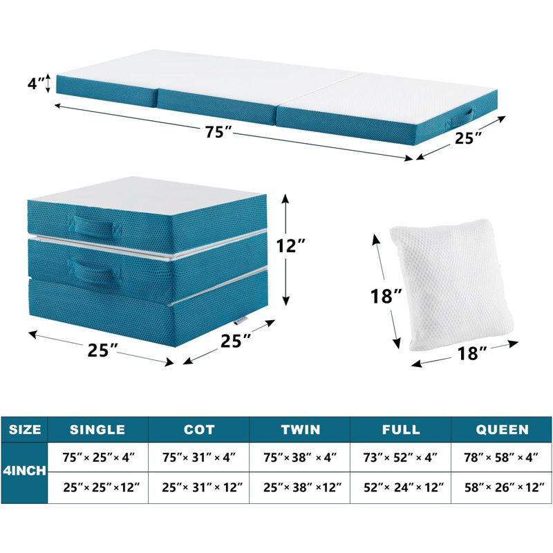 Memory Foam Folding Mattress With Pillow & Storage Bag, Foldable Portable Floor Guest Bed For Camping And Sleeping