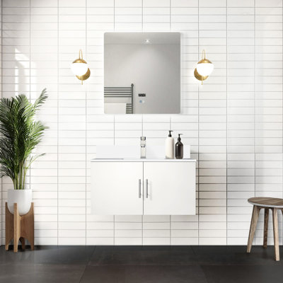 Glossy White 36" X 22" Bath Vanity With Quartz Top, Faucet, Led Mirror - To Scratches And Stains For A Peaceful Bathroom Environment 36 In. W 22 D Scratch Stain Serene