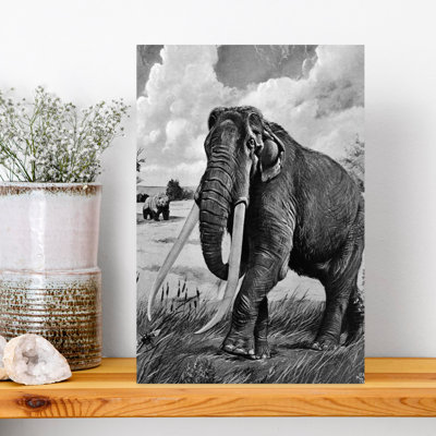 1980S Illustration Of American Mastodon Mammuthus Proboscideans With Long Tusks And Trunk With A Cave Bear Ursus Spelaeus Behind Classic Retro Vint...