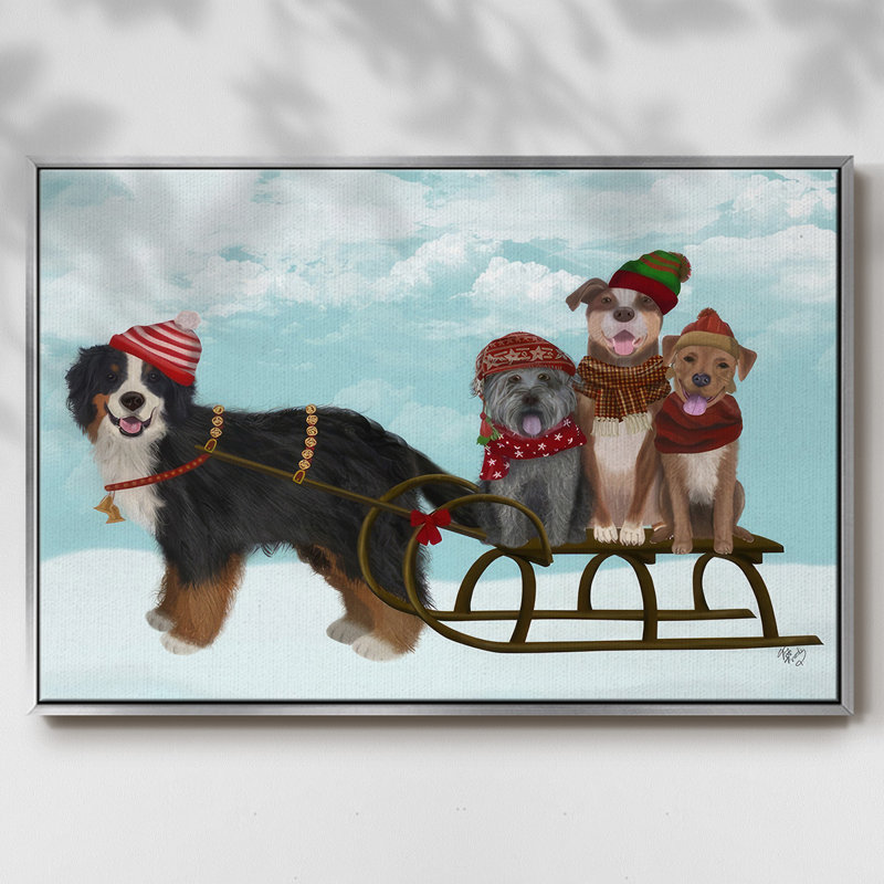 «Christmas Mutt Sled», reproduction sur toile, H 17 po x l 25 po x P 1,5 po, Encadrement argenté