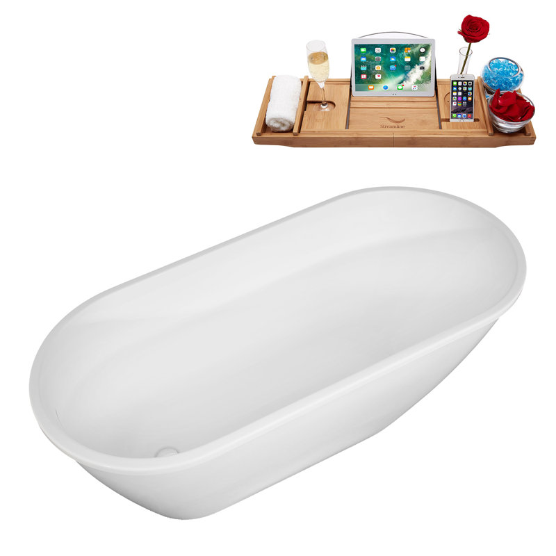 61" Streamline Soaking Freestanding Tub and Tray With Internal Drain, Polished Chrome
