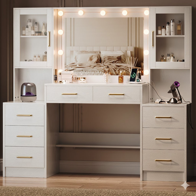 58.25”vanity Desk With Mirror And Charging Station, 8 Drawers And 2 Cabinets, White