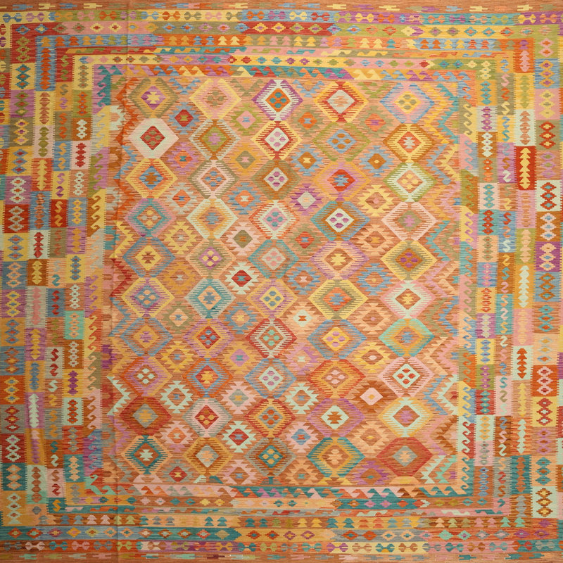Tapis contemporain orange / brun / crème, Carré 8 pi