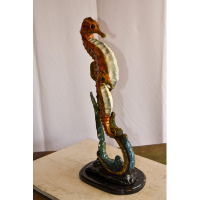 Bhavi Abstract & Geometric Two Sea Horses Swimming in the Ocean Colored Bronze Statue 13" x 9" x 28"H