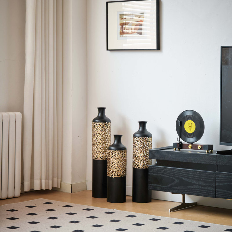 3-Piece Handcrafted Metal Floor Vase Set, Black & Gold Cutout Design Tall Vases (20.8"/24.8"/28.7") For Living Room Entryway, Modern Glam Decor For Pampas Grass & Ideal Housewarming/Holiday Gifts