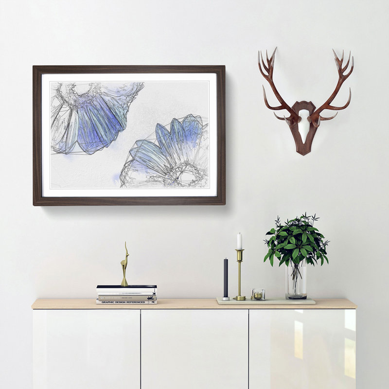 Two Blue Flowers in Abstract - Picture Frame Graphic Art Print, 27cm H x 36cm W x 2cm D, Walnut Framed