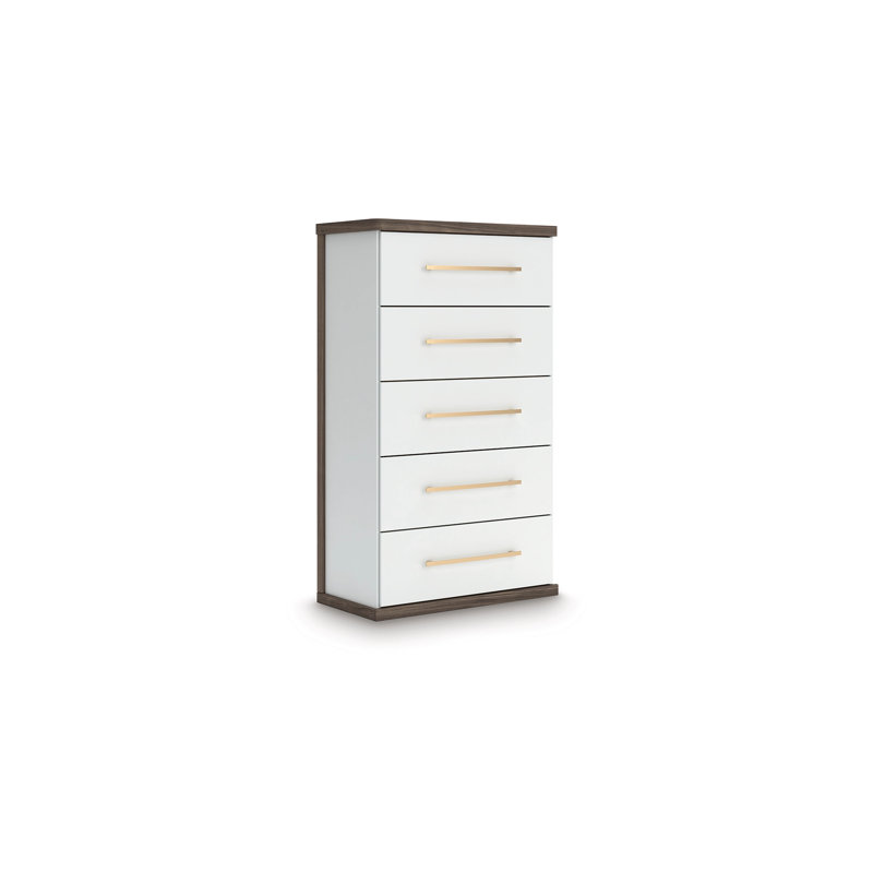 Commode haute Keny, 5 tiroirs avec poignées en métal doré, brun et blanc
