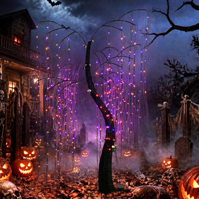 Décoration d'Halloween extérieure en saule de 2 m (6,5 pi) avec 8 modes d'éclairage, minuterie et lumières DEL