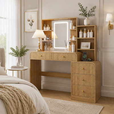 Large Makeup Vanity Desk with Mirror and Lights, Fluted Dressing Table with 5 Drawers & Open Storage Shelves, Charging Station