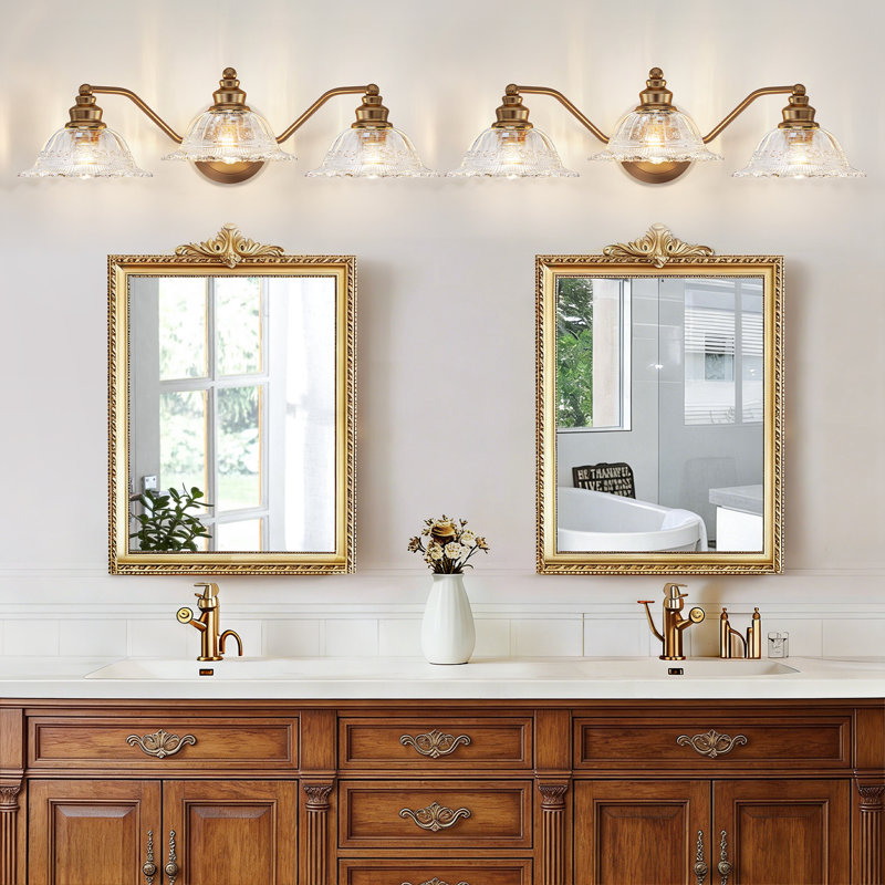 Gold Vintage 3-Light Bathroom Vanity Light Fixture, Antique Brass Wall Sconce with Crystal Glass Shades for Over Mirror, Bedroom, Hallway(Gold)