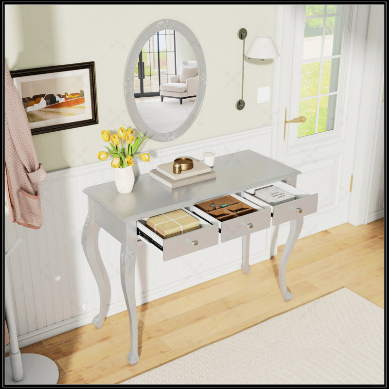Luxury Makeup Vanity Desk With Oval Mirror And 3-Drawer Storage, Elegant Console For Home Decor, Silver, Silver