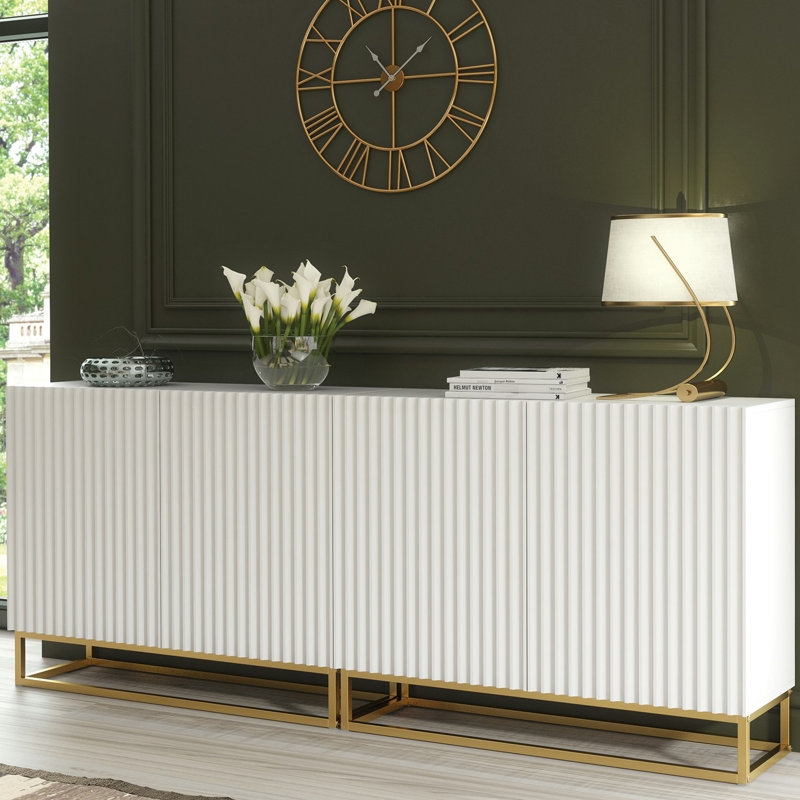 Modern Sideboard with Fluted Fronts & Gold Legs – 200cm Storage Cabinet, White