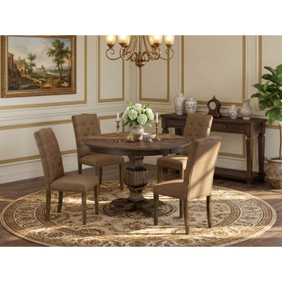 5 Piece Modern Dining Table Set Includes a Round Wooden Table with Pedestal and 4 Brown Linen Fabric Parsons Dining Chairs, Distressed Jacobean