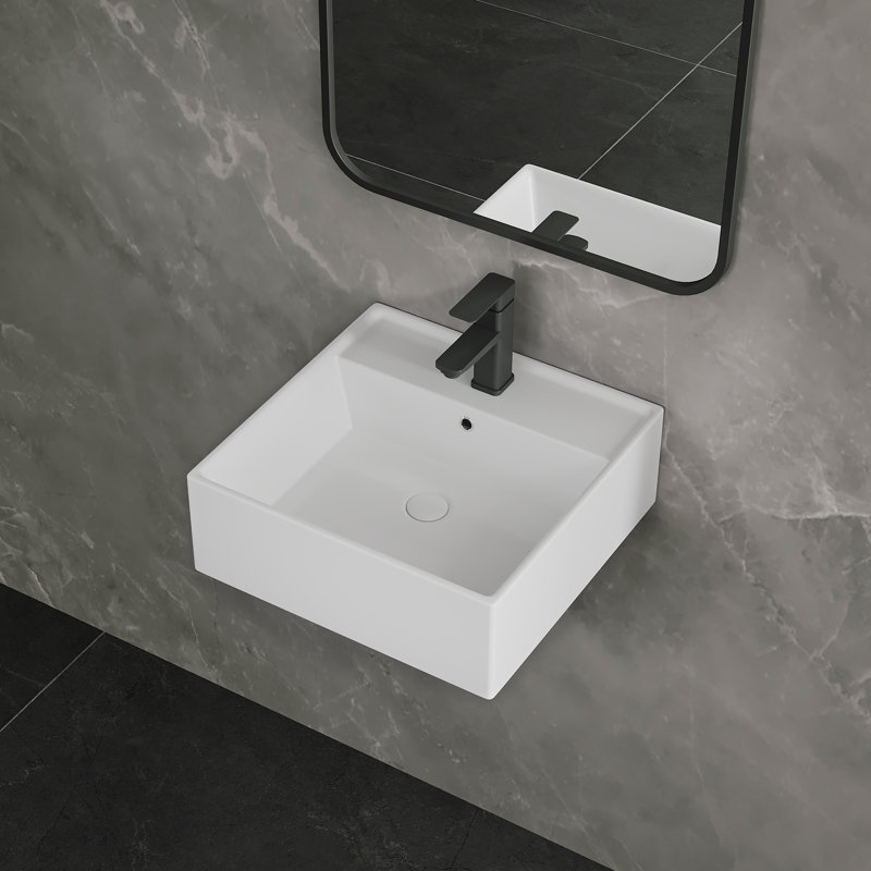 Turner 410mm x 410mm Square Ceramic Wall Hung Bathroom Sink Basin with Overflow