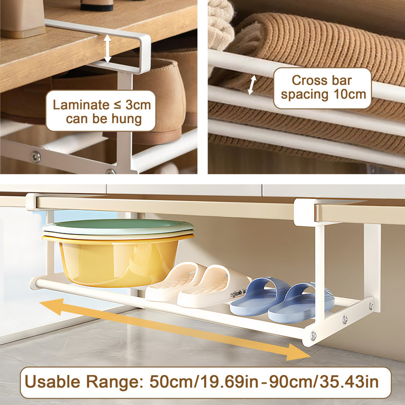 Hanging Storage Rack, White Under Cabinet Hanger, 19.69 - 35.43 Inches Over Shelf Storage for Entryway, Corner, Closet with 2 S-Hooks, Space Saving Organize 
