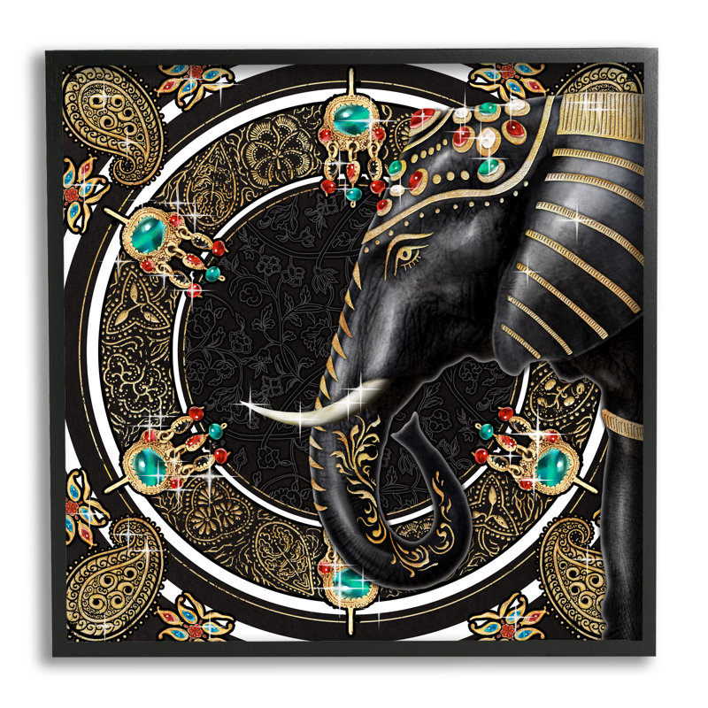Glam Elephant Regal, motif cachemire noir, estampe numérique encadrée, art texturé par Ziwei Li, H 24 po x l 24 po x P 1,5 po