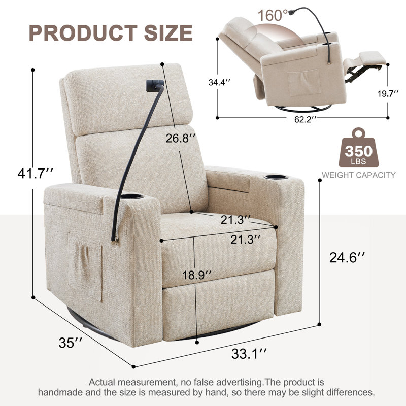 Fizzah Upholstered Swivel Recliner, ivory Chenille