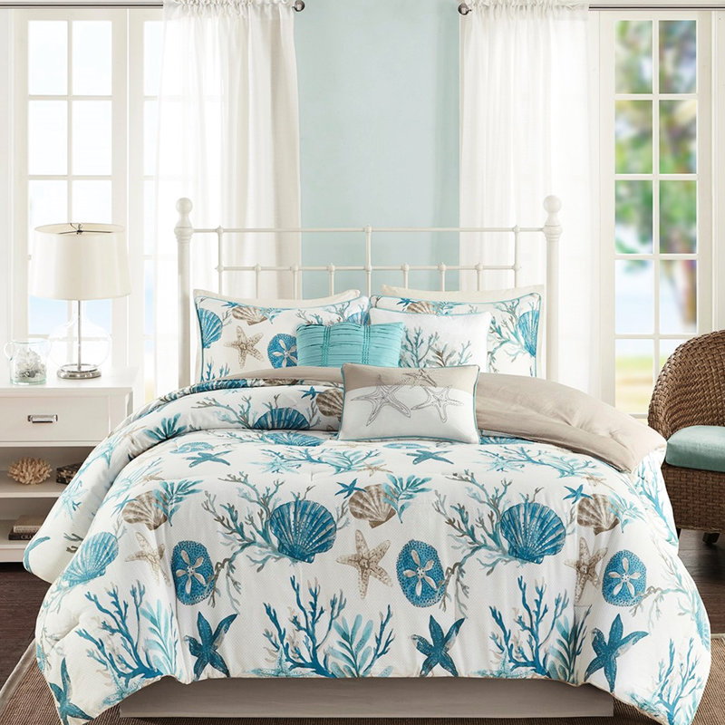 Édredon pour très grand lit - Ensemble de literie 7 pièces à broderie en coton, Turquoise