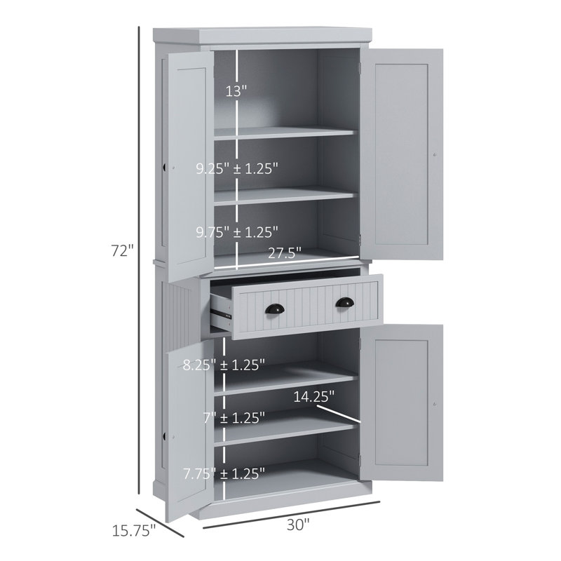 Armoire de cuisine traditionnelle avec 4 portes, tablettes réglables et grand tiroir central, Gris clair