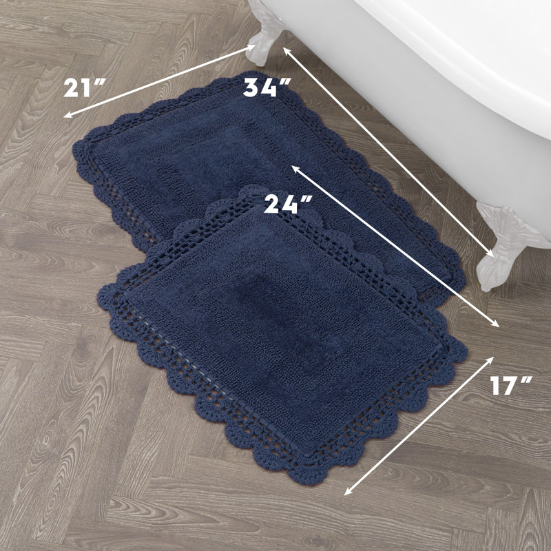 Laura Ashley Crochet Machine Washable Cotton 2 Pieces Bath Rugs, Indigo
