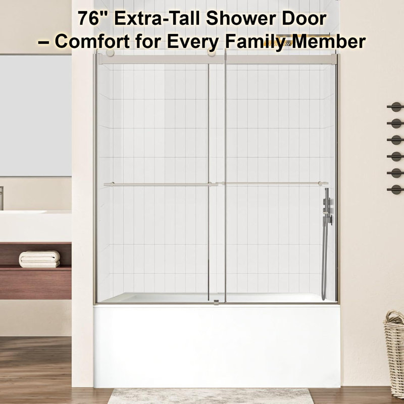 60"W X 60" H Double Sliding Frameless Tub Door With 5/16"(8mm) Clear Tempered Glass, Brushed Nickel