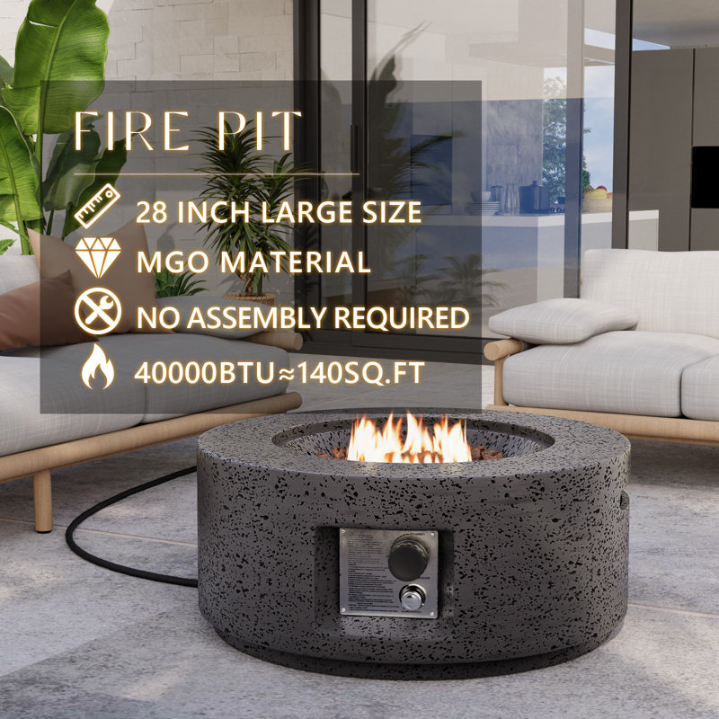 Czinege Round Concrete Propane Fire Pit Table, Gray