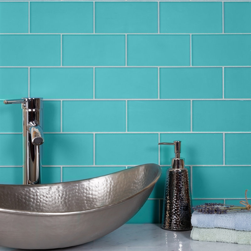 6'' x 3'' Glass Subway Wall Tile, Aqua