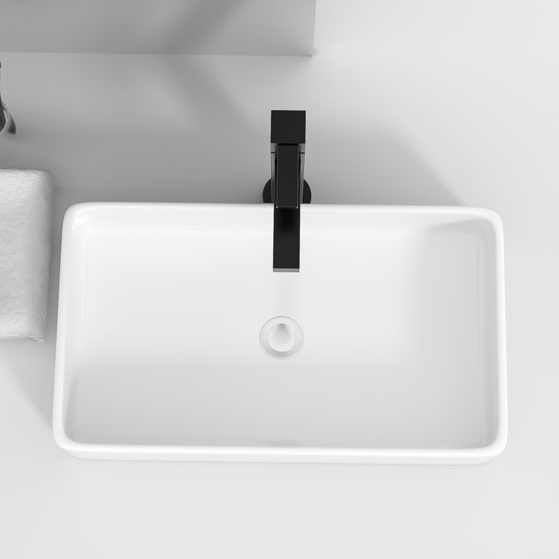 Lavabo de salle de bain vasque rectangulaire en céramique 24 po x 14 po pour salle de bain moderne, Blanc