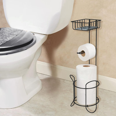 Porte-papier hygiénique | Support à rouleau de papier hygiénique sur pied en métal et distributeur avec tablette de rangement pour téléphone portable et mobile | Rangement pour salle de bain | Peut contenir 3 méga rouleaux | Noir