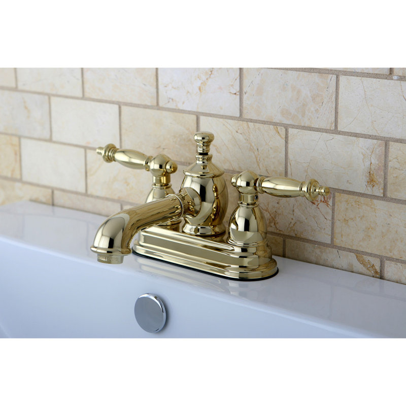 Kingston Brass Templeton Two-Handle 3-Hole Deck Mount 4" Centerset Bathroom Faucet with Brass Pop-Up, Polished Brass