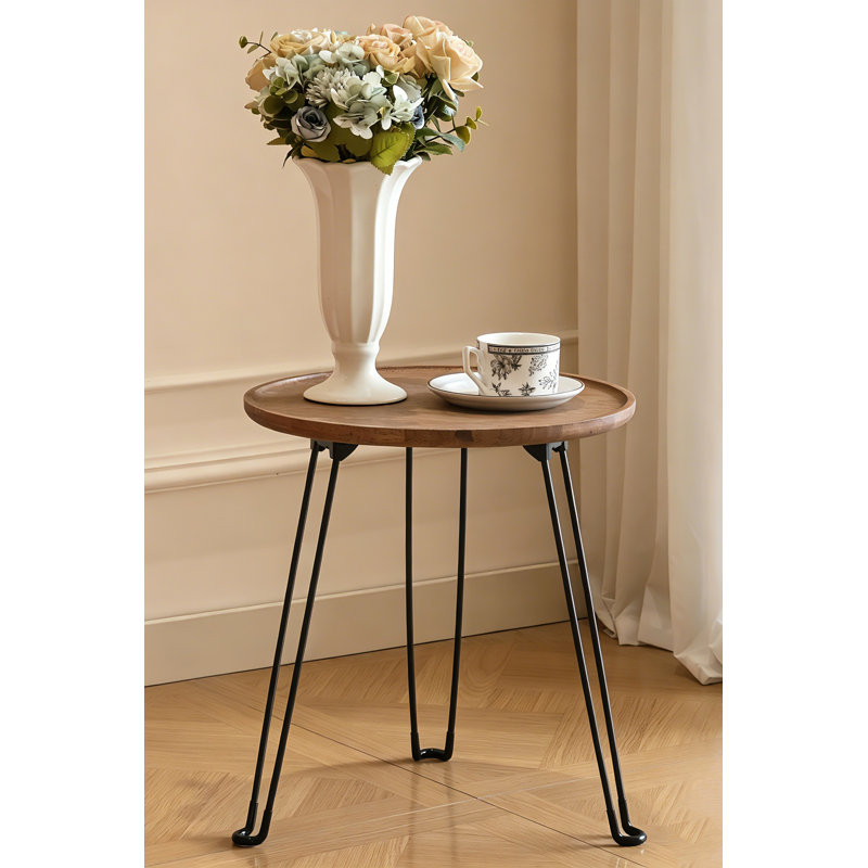 Foldable Round Coffee Table with Solid Wood Tray Top,End Table,Nightstand, Dark Brown