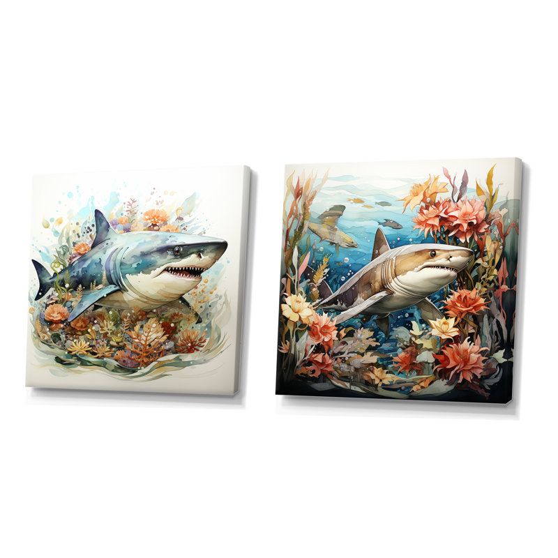 Ensemble de 2 décorations murales Curious Shark Ocean Blooms I - Shark, Toile tendue, H 16 po x l 33 po x P 1 po