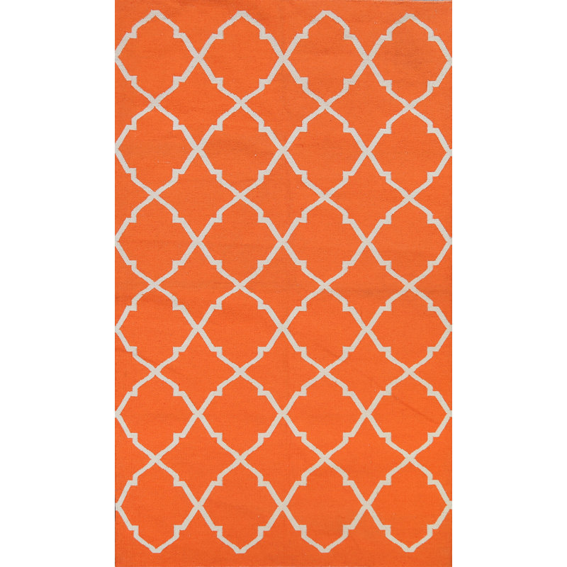 Tapis orange / ivoire en laine tissé à plat à la main à motif géométrique, Rectangle 5 pi x 8 pi