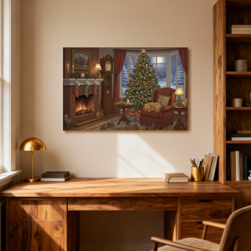 Scène de salon de Noël douillet, H 24 po x l 36 po