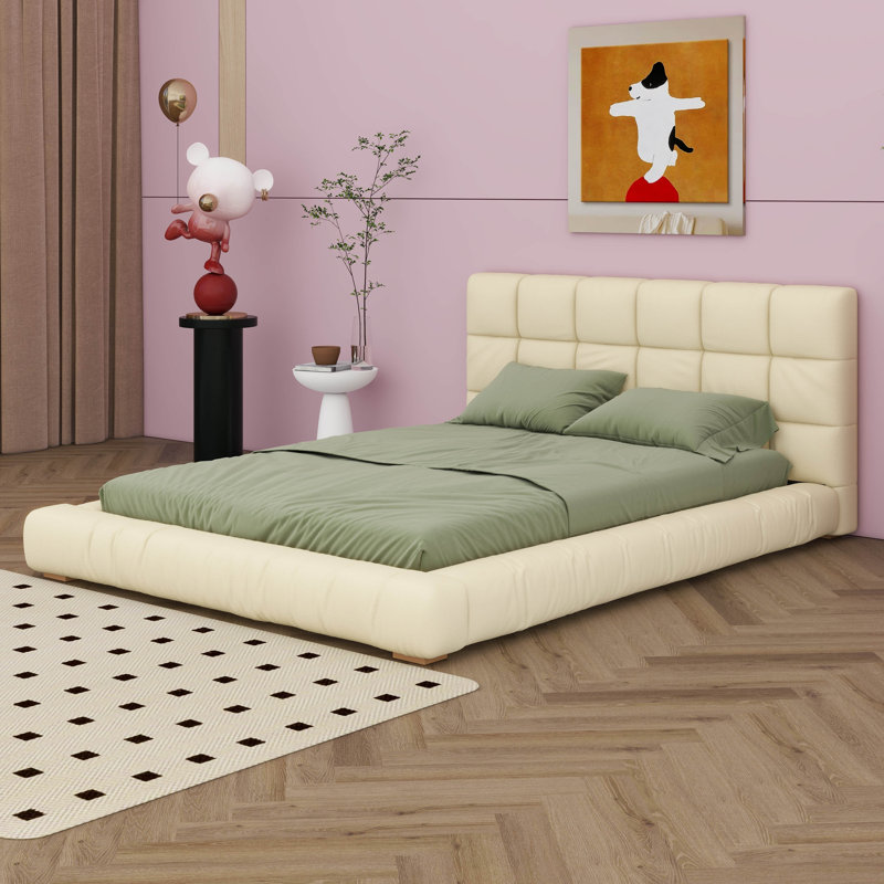 Lit plateforme tapissier en velours avec tête de lit capitonnée Channel, Queen, Beige