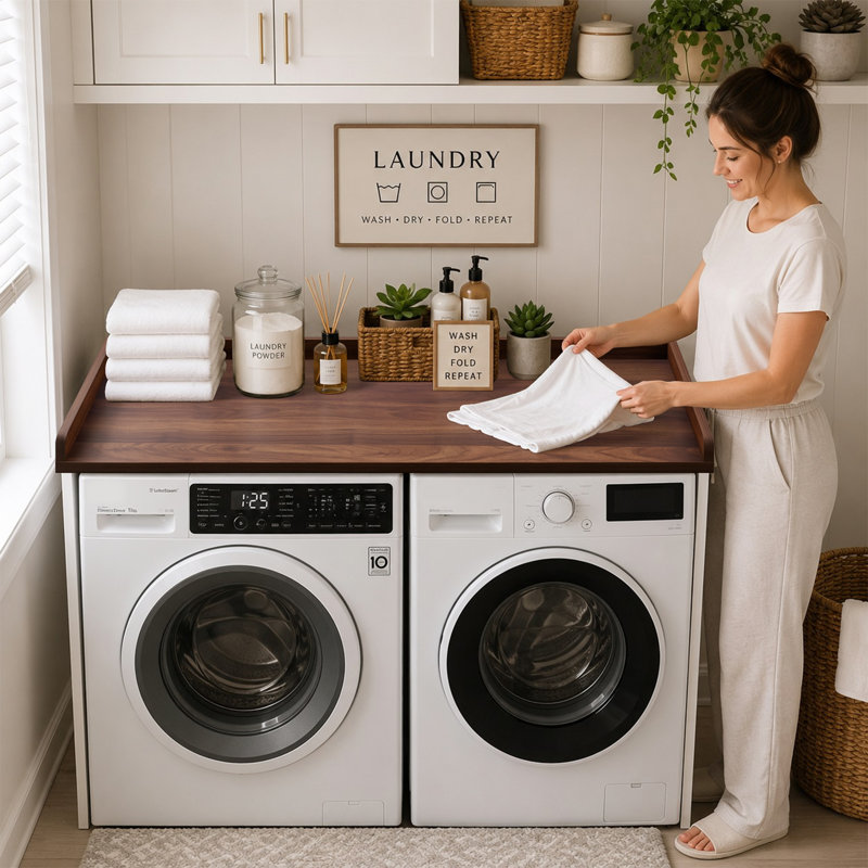 Kaboon Washer Dryer Countertop with Edge Rails, 27.5" x 54", Laundry Room Organization, Dark Walnut