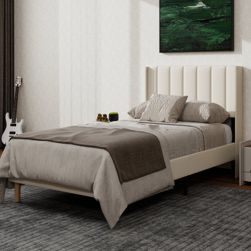 Structure de lit plateforme tapissier avec oreilles, Beige, Lit simple