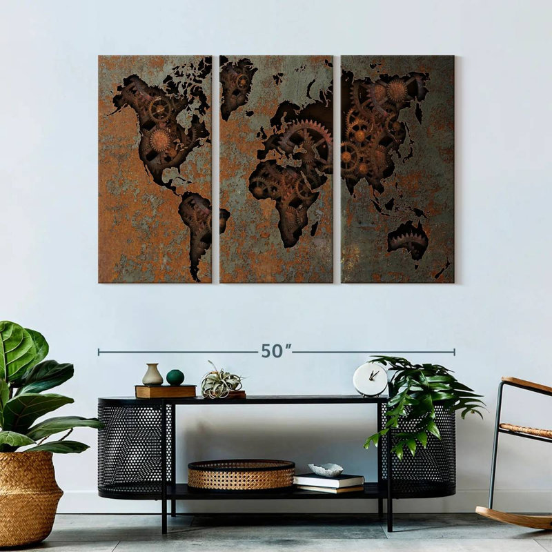 " Steampunk World Map " 3 - Pieces, 32" H x 50" W x 1.25" D