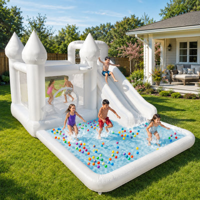 13.7 Ft White Bounce House with Slide, Ball Pit & Blower, Oxford Fabric Inflatable Jumping Castle for Kids Indoor & Outdoor Play and Backyard Parties