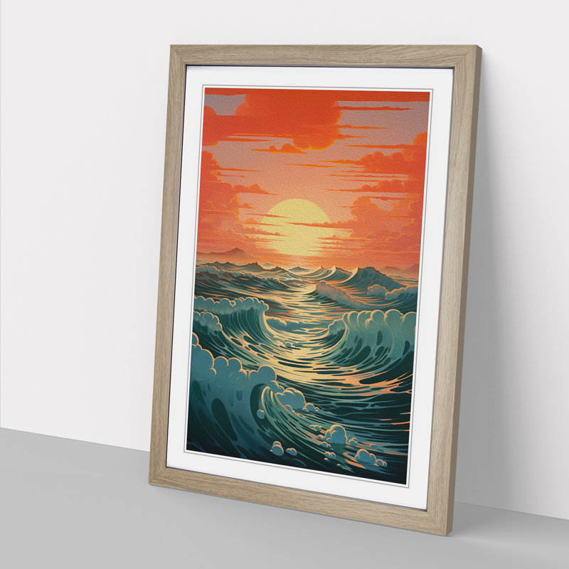 Seascape Modern - Single Picture Frame Print on Wood, 46cm H x 34cm W x 2cm D, Oak