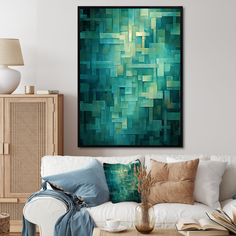 «California Sunshine» cubiste abstrait turquoise - peinture murale abstraite, Cadre flottant noir