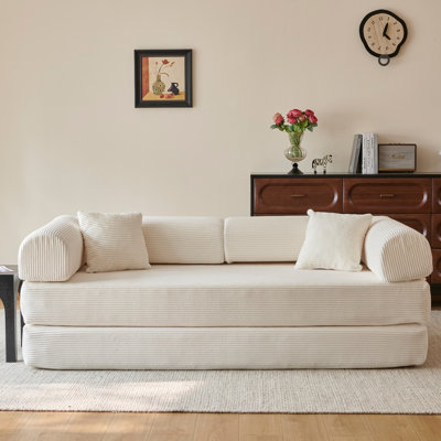 78.8" White Corduroy Convertible Floor Sofa Bed, Simple Elegant Boneless Modular Loveseat Futon Couch with Pillow Back & Armrests for Living Room Bedroom Multi‑Space