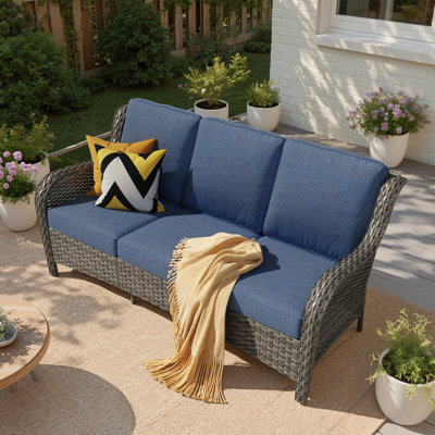 3-Seat Outdoor Wicker Patio Sofa with Deep Cushions, All-Weather PE Wicker Seating for Backyard, Porch, Deck, and Garden